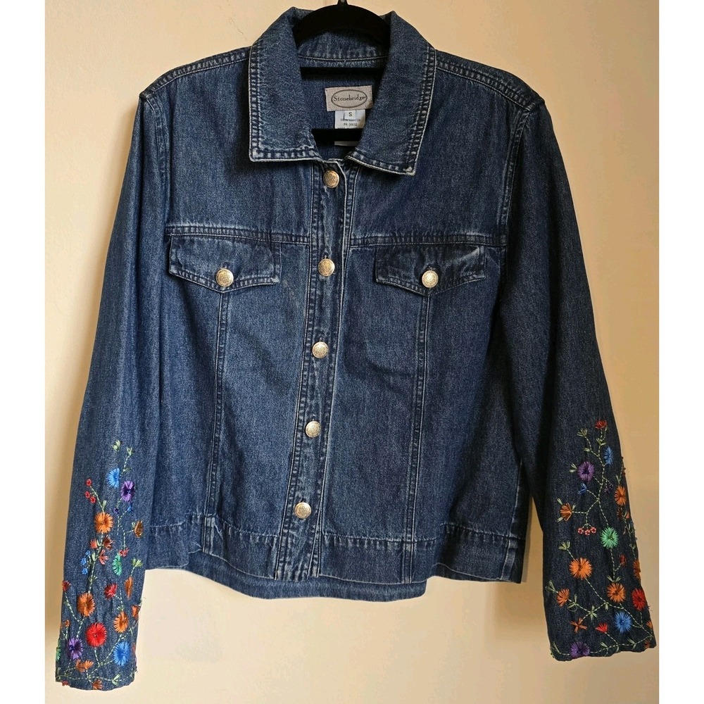 Stonebridge Women's Denim Jacket with Flower Embroidered Cuffs & Sleeves
